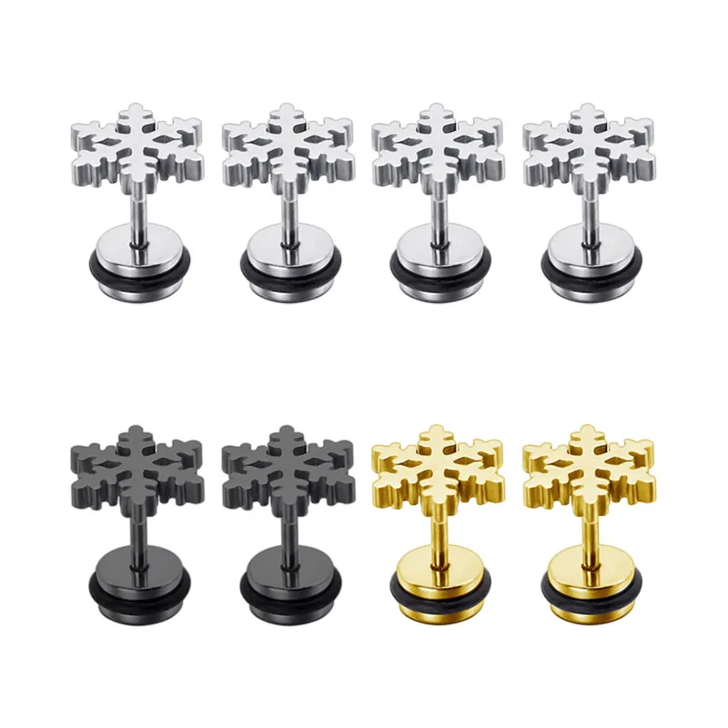 1 пара, модные серьги-гвоздики со снежинками, титановые серьги из нержавеющей стали, серебро, золото, черный штанга, Поддельные беруши, противоаллергические Женские