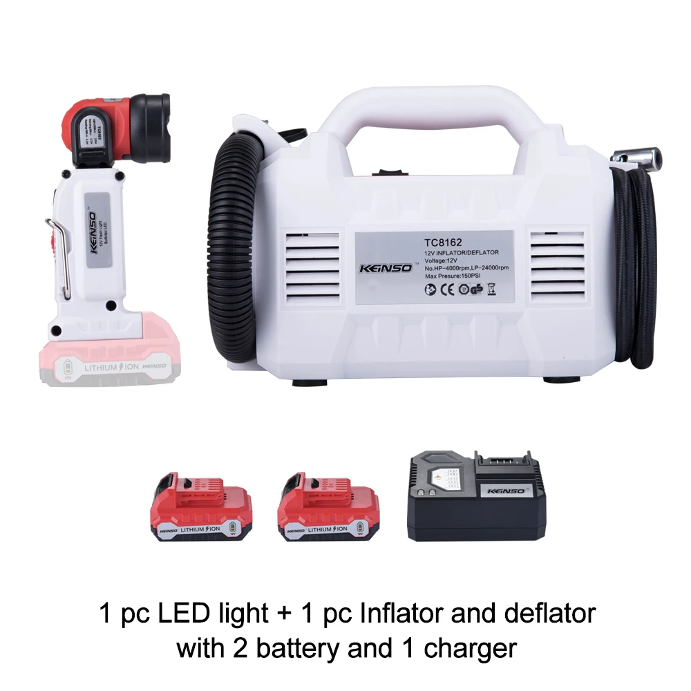 

Keinso 12V power tools set Inflator and deflator and Angle grinder with two lithium battery and one charger