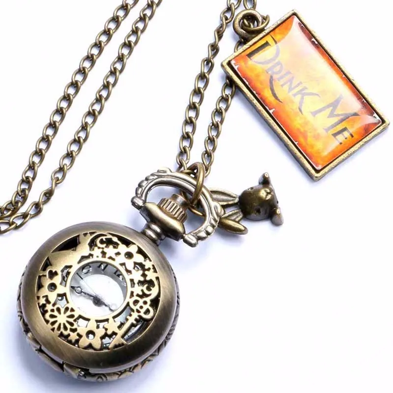 Алиса в стране чудес Drink Me карманные часы Цепочки и ожерелья Кролик цветок ключ подарок p655