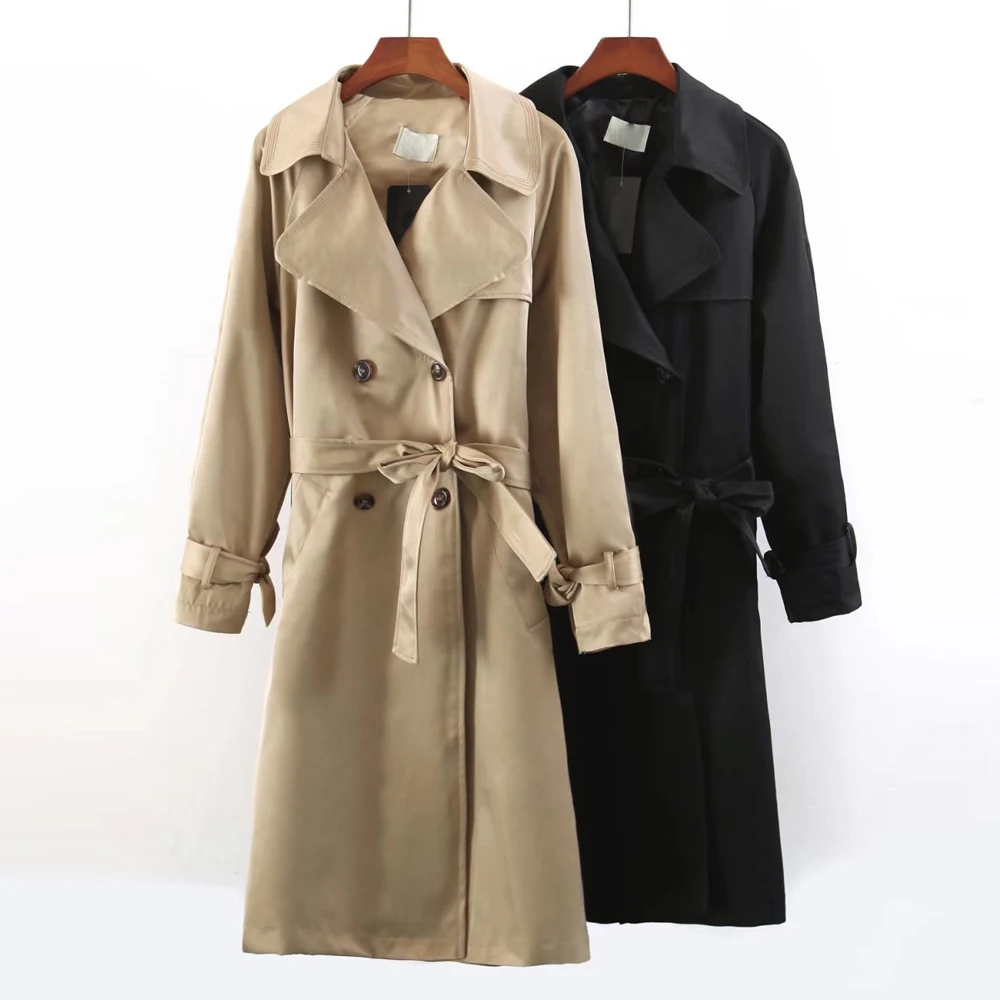 Осеннее Европейское женское пальто, классический двубортный Тренч с поясом, деловое пальто, женская верхняя одежда цвета хаки/черный, модные топы