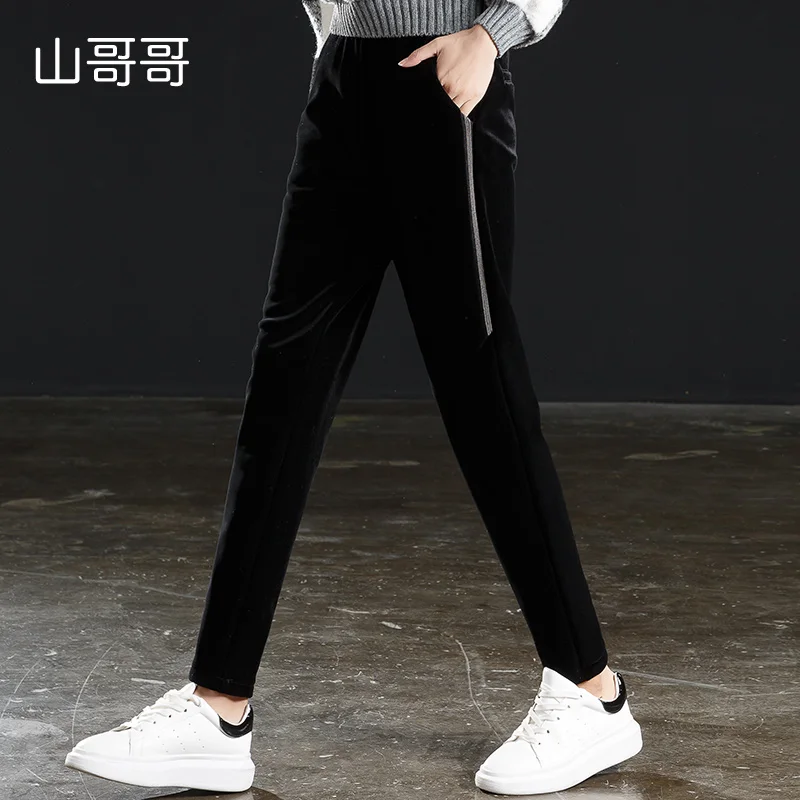 

shangege_Pleuche Harem Pants Flat High Waist Regular Casual Ankle-Length Pants With Side Beading 2019 New Mom Trousers Plus Size