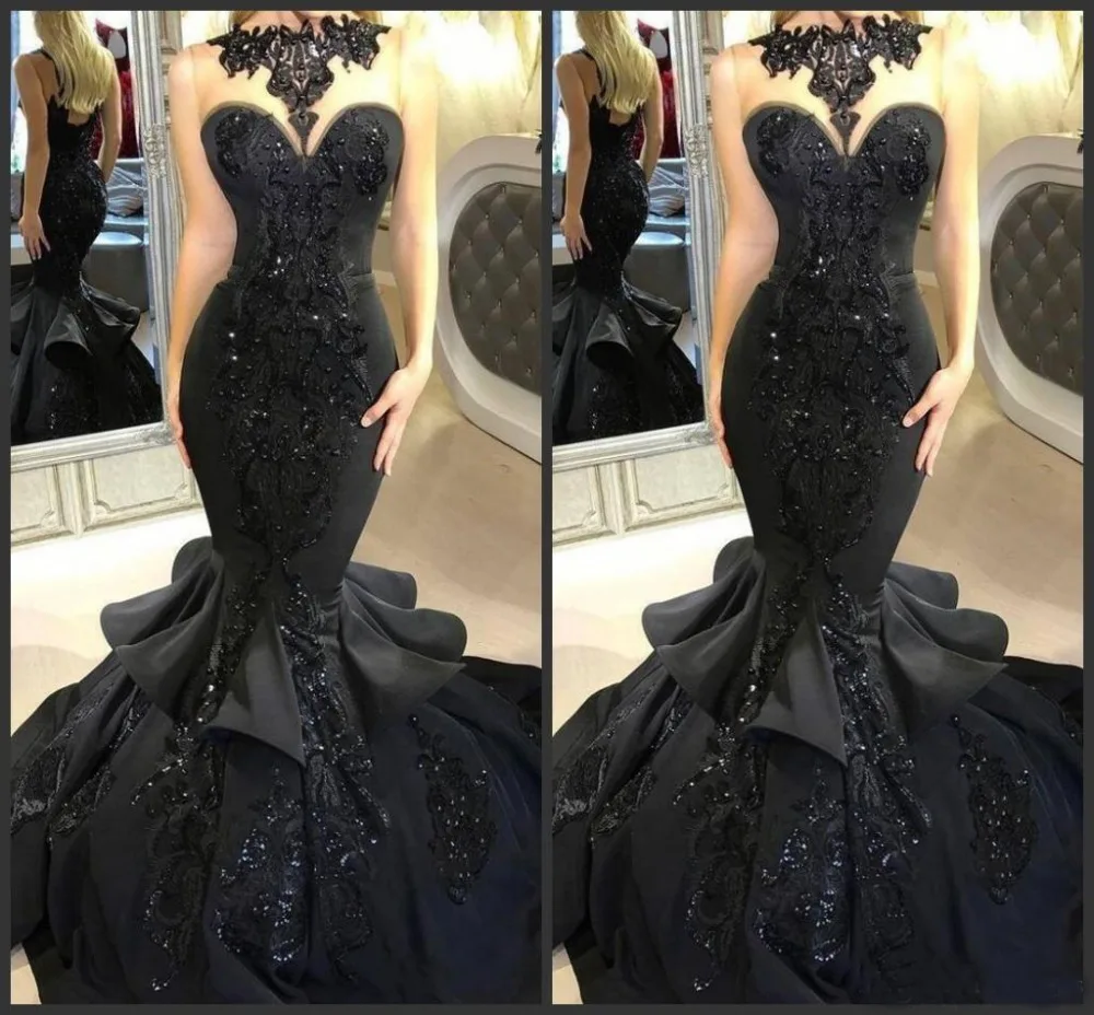 

2019 New Black Long Evening Dresses Beaded Appliqued Cascading Ruffled Mermaid Formal dress Court Train Backless Party dress