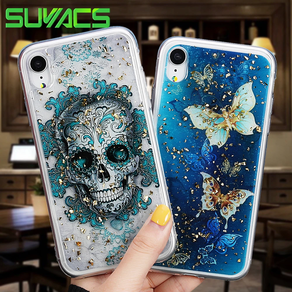 

SUYACS Skull Platinum Epoxy Soft Phone Case For iphone XS Max XR X Case For iphone 6 6s 7 8 plus Back Cover Soft Cases Capa