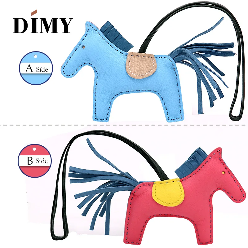Hand Stitching Mini Leather Horse For Women's Bag Ornament 2-side Bicolor Sheepskin Fringed Petit Pony Rodeo Charm Pendant Bag