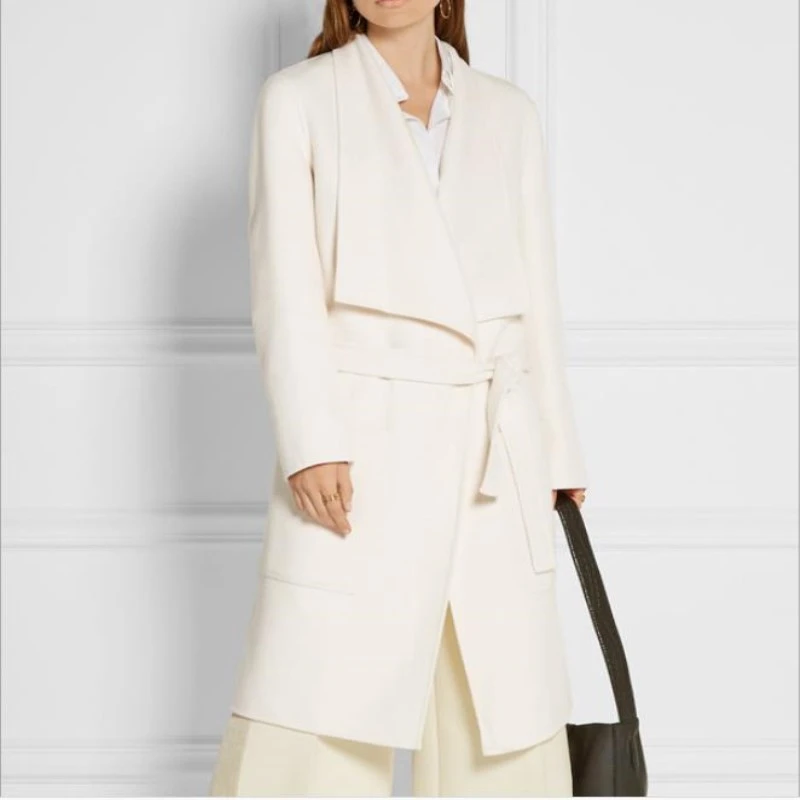 2019 otoño invierno blanco abrigo mujer marca de moda largo cinturón cintura abrigos de mezcla de lana Chaqueta larga|Lana y mezclas| - AliExpress