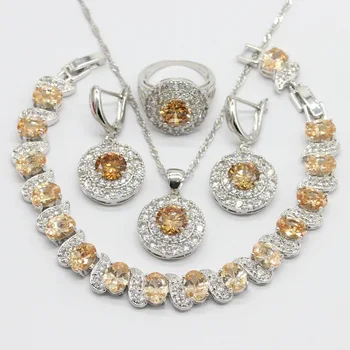 

Orange Cubic Zirconia 925 Sterling Silver Jewelry Sets Necklace Pendant Earrings Bracelet For Women Free Gift Box