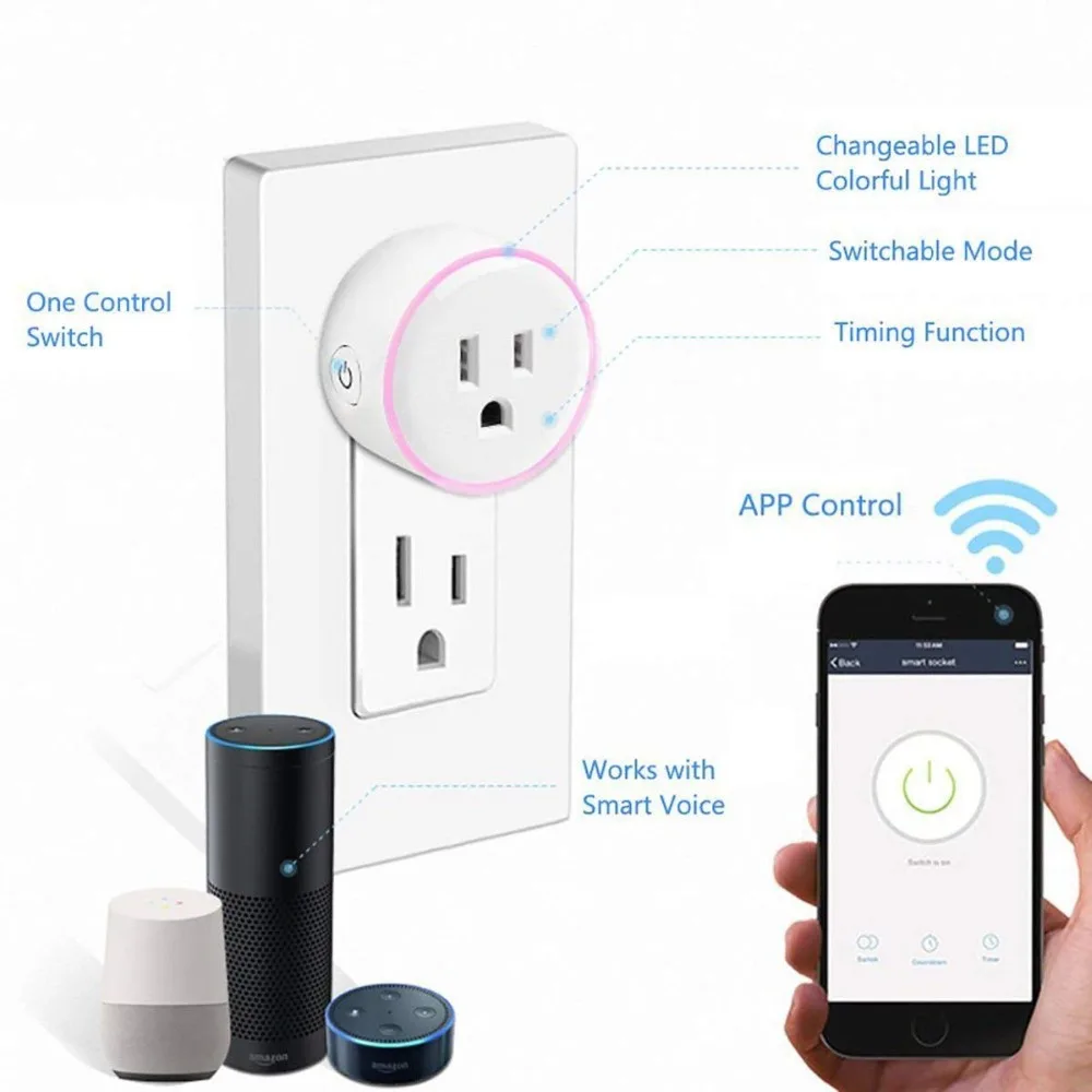 Smart Plug Wi-Fi Управление гнездо Великобритании США выход ЕС 10A RGB светодиодный выключатель света с таймером гнездо голос Управление работать с Alexa Google IFTTT