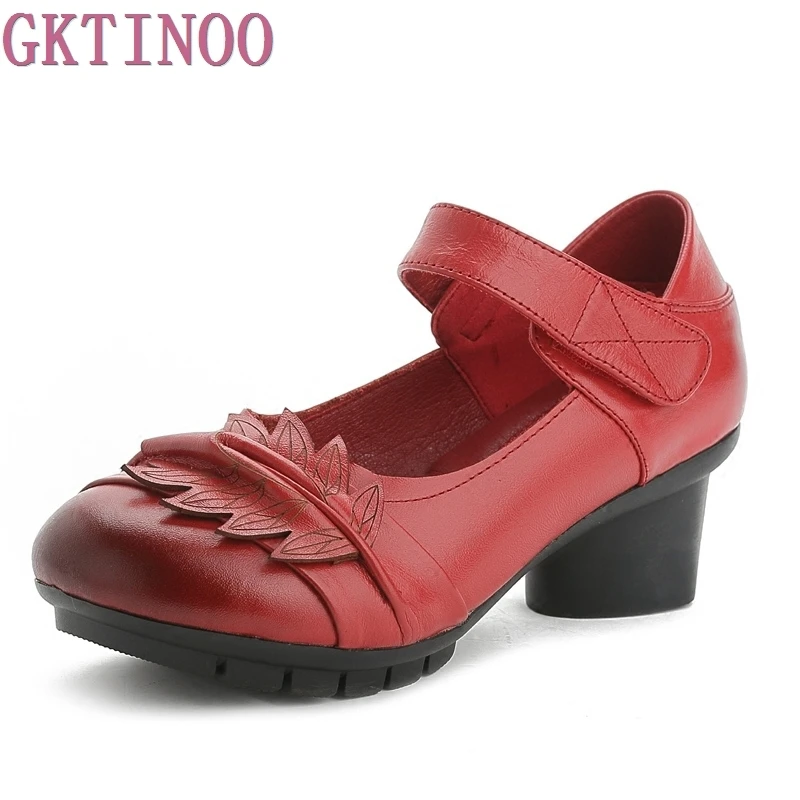 2017 Spring and summer Ethnic Style Handmade Shoes Women Mid Heels Pumps Round Toe High Heels 