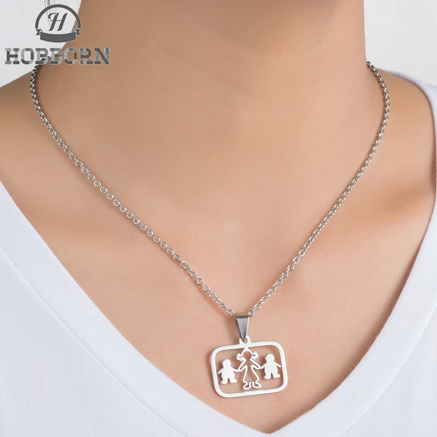 

HOBBORN Trendy Women Pendants Necklaces 316L Stainless Steel Twins Sister Brother Family Serise Pendant Female Necklace Jewelry
