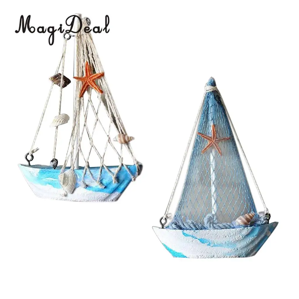 2pcs Vintage Mediterranean Style Marine Nautical Wooden Blue Sailing Boat Ship Wood Crafts Ornaments Party Home Room Decoration