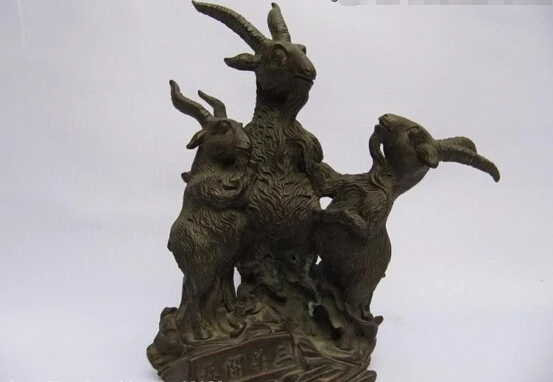 

USPS to USA S0216 9"Chinese classic Pure Bronze Copper Fengshui Carved Three Sheep goat Statue B0401