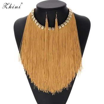 

ZHINI Bohemian Retro Jewelry Sets For Women Fringed Pendant Tassel Necklace Earrings Fashion African Weddings Jewelry Earrings