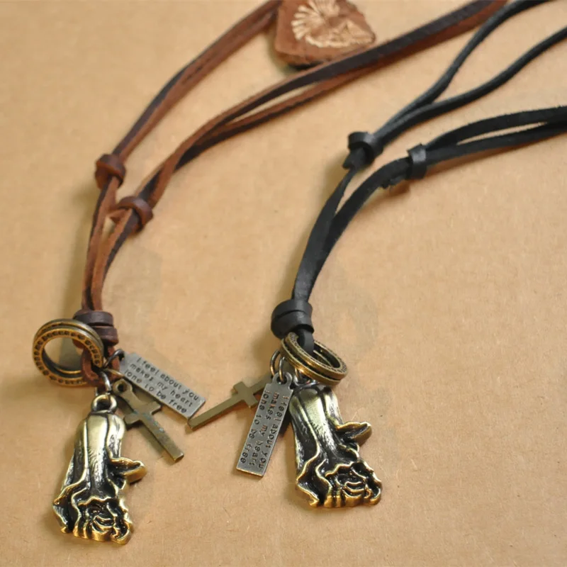

NIUYITID Fashion England Style Pendant Necklace For Women Simple Vintage Long Chain Genuine Leather Rope Jewelry Man