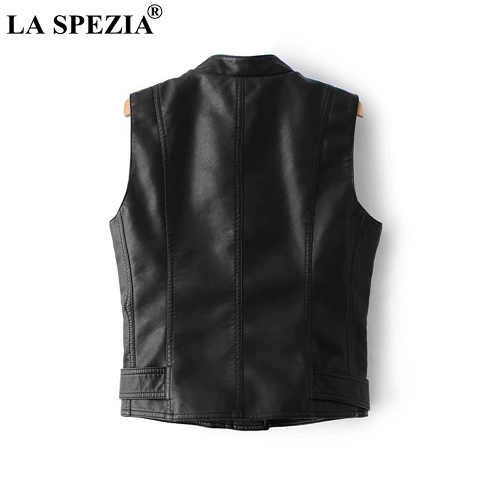 LA SPEZIA Biker Vest Women White Street Motorcycle Waistcoat Ladies Belt Faux Leather Zipper Pockets Autumn Sleeveless Jackets