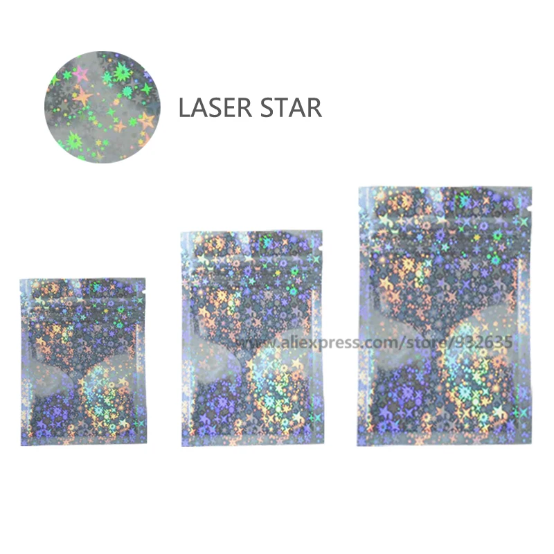 

Laser Stars Flash Zipper Bag Holographic Silver Cosmetic Leak Proof Thick Reusable Food Storage Gift Small Pouch 100 Pcs