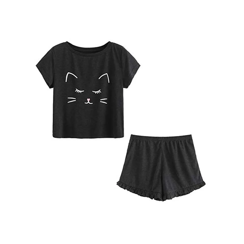 

Summer Clothes For Women Women's Casual Cat Shorts Short Sleeve Ruffled T-Shirt Sleepwear Nightwear Set ensemble femme