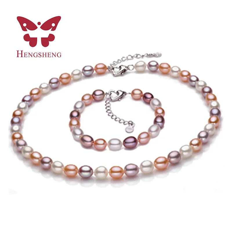 

HENGSHENG DIY Natural Freshwater Pearl Jewelry Set For Women 8-9mmNecklace/7-8mm Bracelet Romantic Party Pearl Jewelry 2017 New
