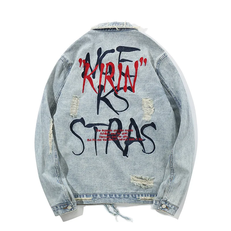 

Streetwear Jeans Jacket Men Spring Autumn Hip Hop Letter Printing Mens Denim Jacket Ripped Male Overcoat