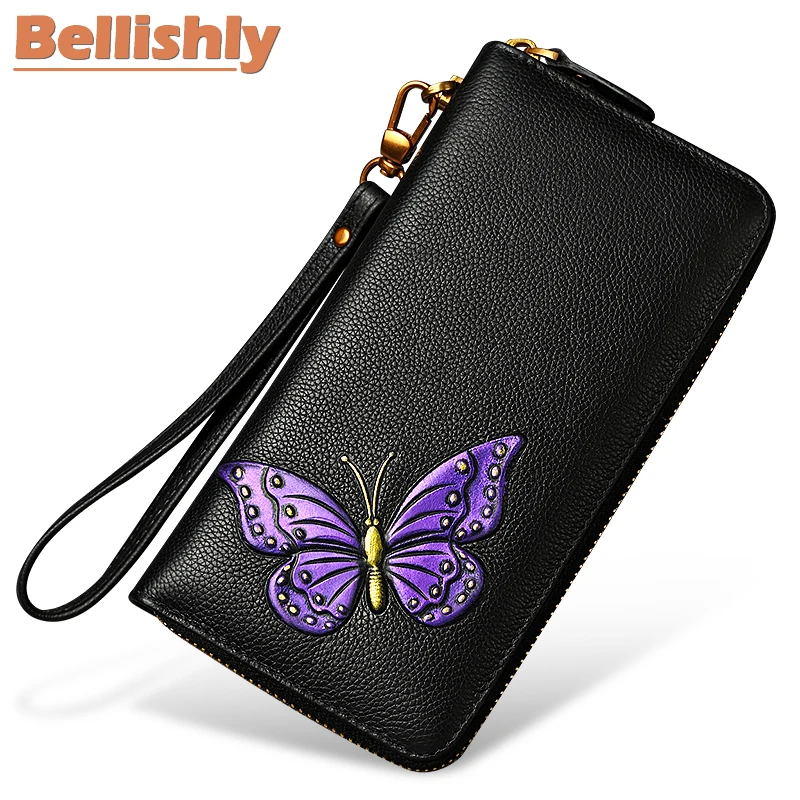 

Bellishly famous brand vogue ladies purse Beautiful butterfly pattern designer women bag fashion beauty rose flowers Long wallet