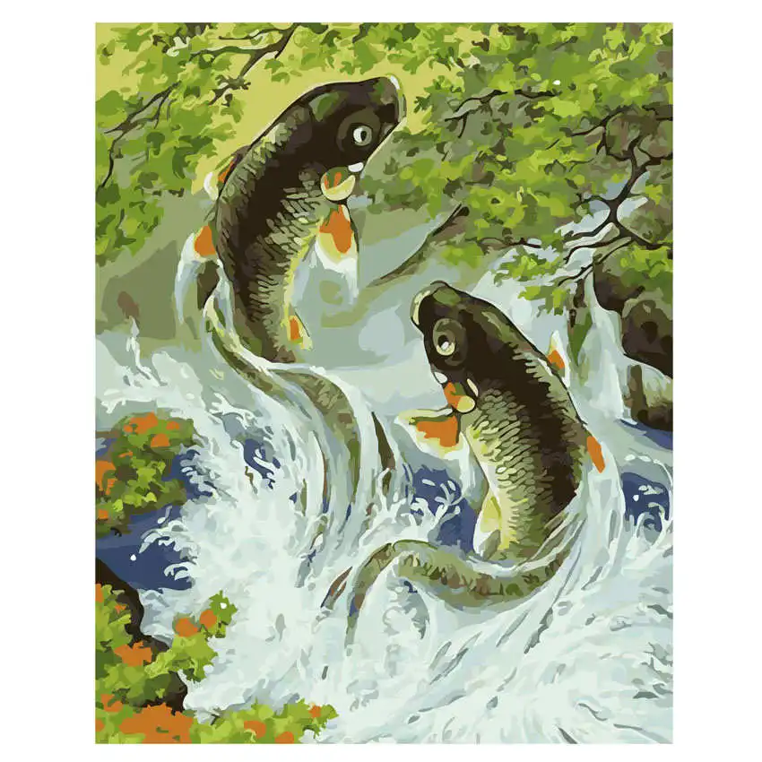 

RIHE Fish Jumping Painting By Numbers Animal Oil Painting On Canvas Hand Painted Cat Cuadros Decoracion Acrylic Paint Home Decor