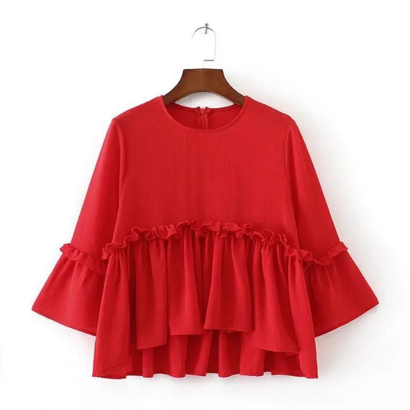 pleated cute ruffle blouse women tops o neck sweet girl black red shirt ...