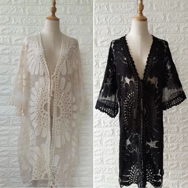 2018 New Brand Women Lace Floral Kimono Beach Cardigan Casual Solid Cover Up Wrap Beachwear Long Top Shirts