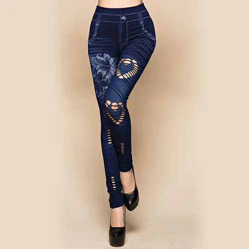 Для женщин пикантные открытые с эластичные штаны Цветочный принт обтягивающие джинсы деним Леггинсы для женщин