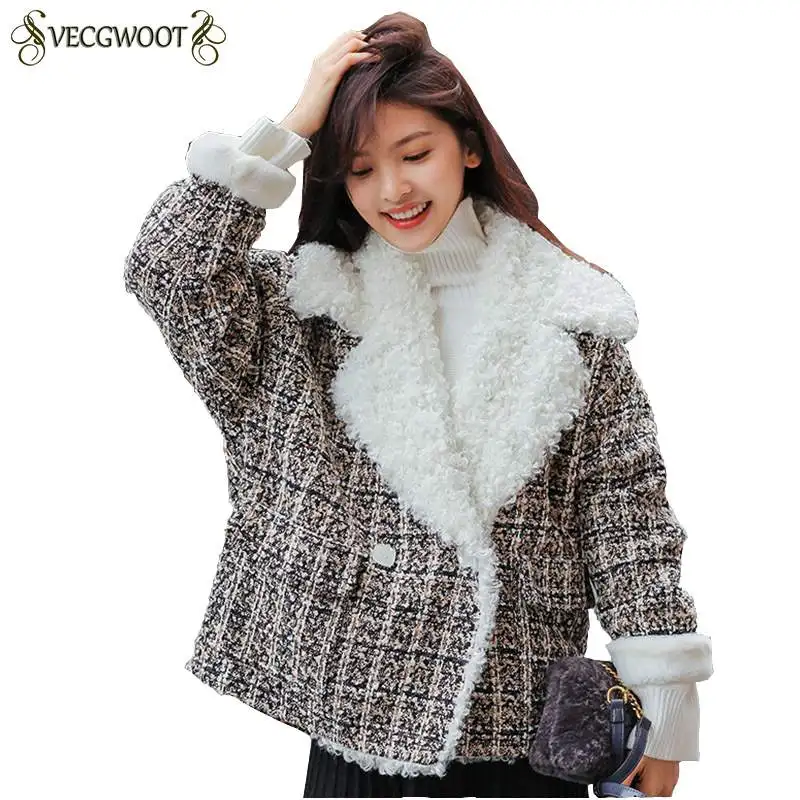 Lamb Hair Coat Short 2020 Winter New Korean Sweet Women Faux Fur Jacket Thicker Warm Plaid Outerwear PR547 | Женская одежда