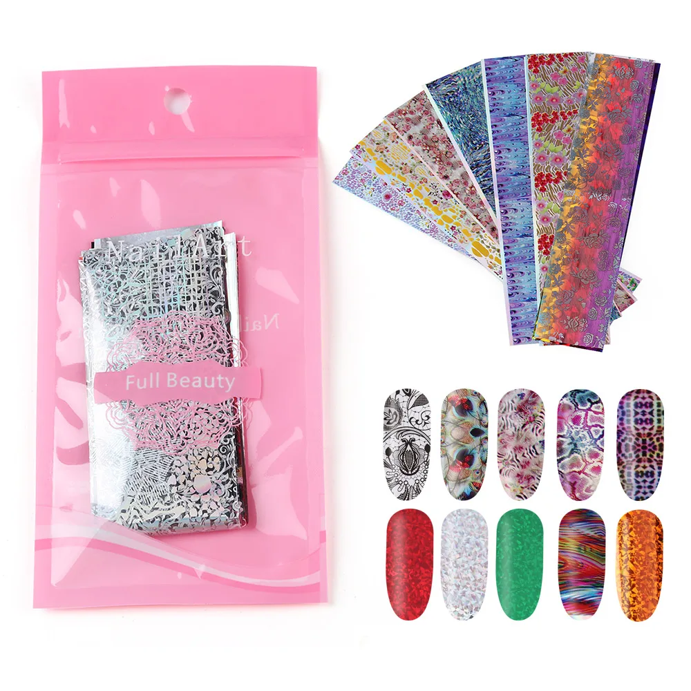 

50 Types Sets Laser Nail Foils Gradient Starry Paper Flower Lace Sticker Manicure Adhesive Wraps Nail DIY Charm Polish Decor