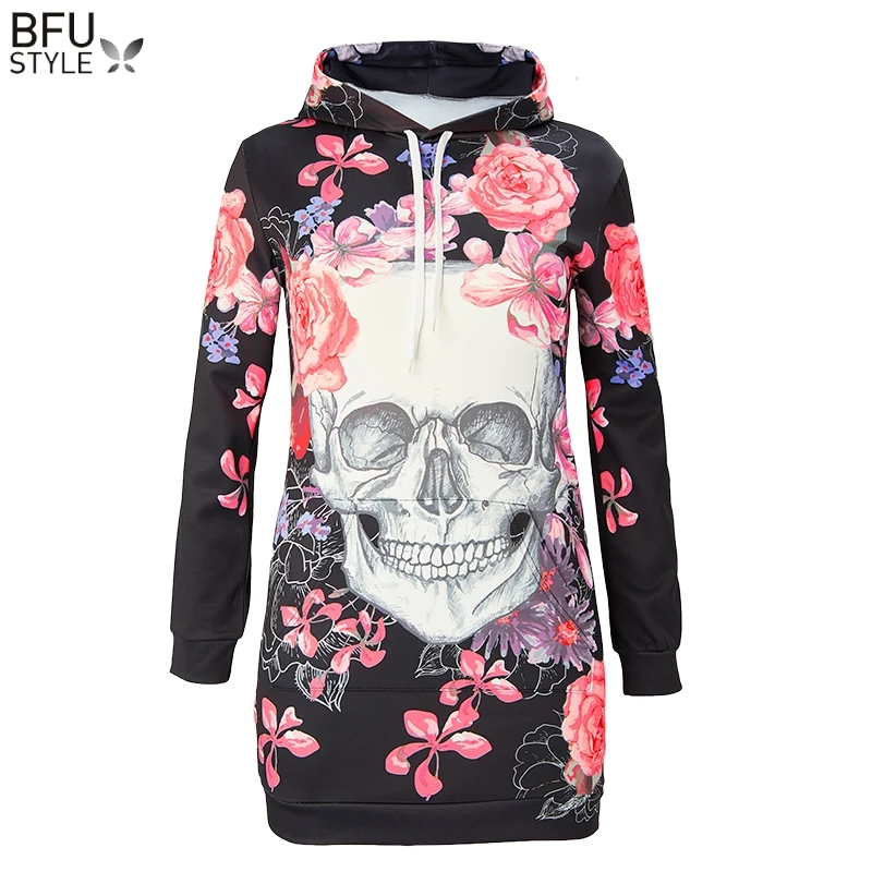 

Autumn Winter Dress Women Vestidos Hoodies Sweatshirt Dresses 2019 Fashion Skull Print Hooded Drawstring Full Sleeves Plus Size