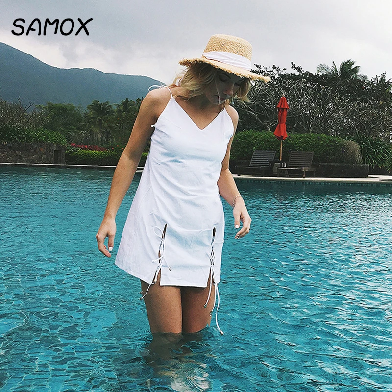 

JSMY 2019 New Summer Fashion Women Sexy Backless V-neck Lace Tie Beach Dress