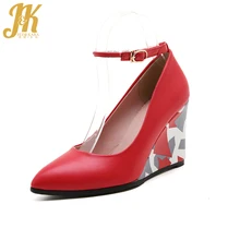 J&K 2017 Big Size 33-43 Brand Ladies Pumps Shoes Casual Wedges Heel Prints Ankle Strap Pumps Fashion Pointed toe Shallow Shoes