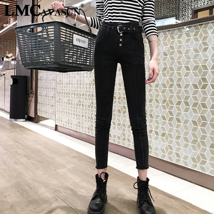 LMCAVASUN High waist straps jeans slim slimming elastic base pencil