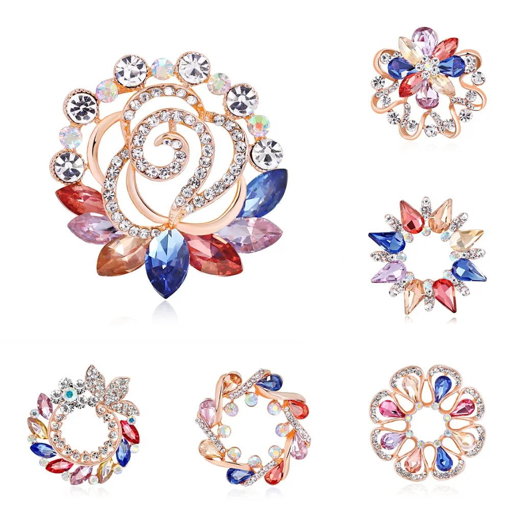 

Fashion Colorful Crystal Flower Brooches for Women Romantic Wedding Party Rhinestone Jewelry Party Bouquet Brooch Pin Best Gift