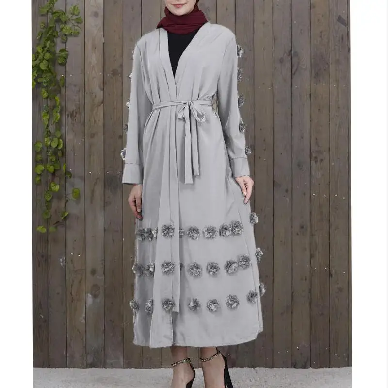 Для женщин Абая Дубай Серый Белый платье черного цвета аппликации мусульманский кафтан длинный кардиган турецкий Исламская одежда a1165