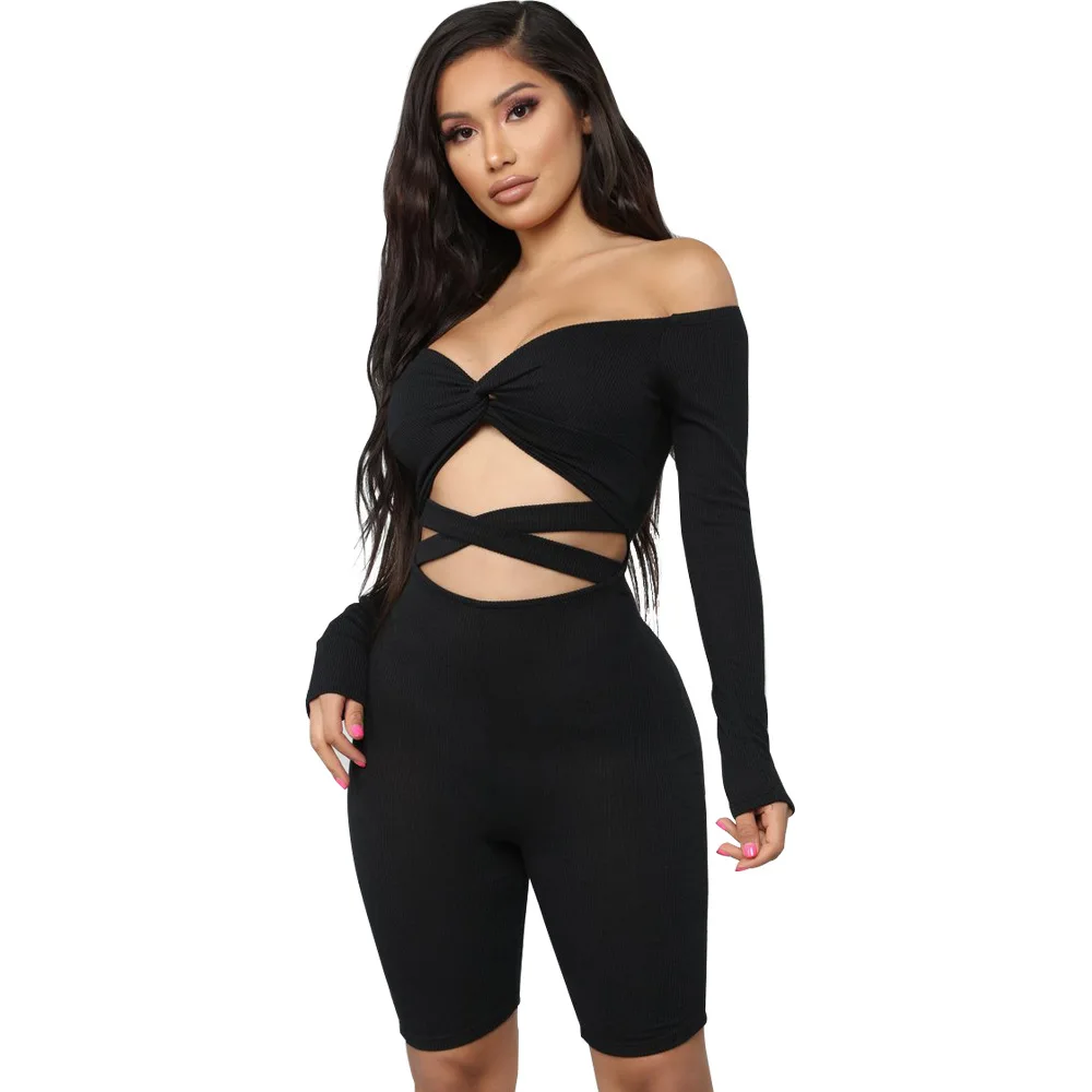 

Adogirl black cross over off shoulder playsuits hollow out long sleeve jumpsuits sexy high waist bandage jumpsuit fitness suits