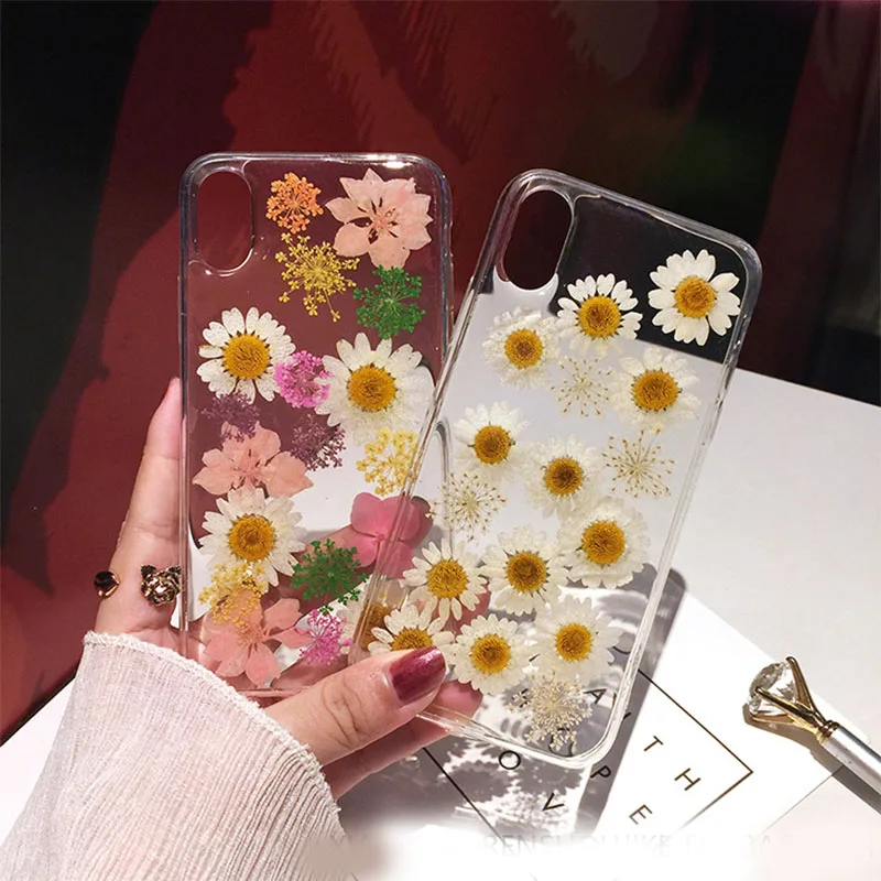 

Real Flowers Dried Flowers Transparent Soft TPU Phone Cover For iPhone X 6 6S 7 8 plus Phone Case For iphone XR XS Max Cover