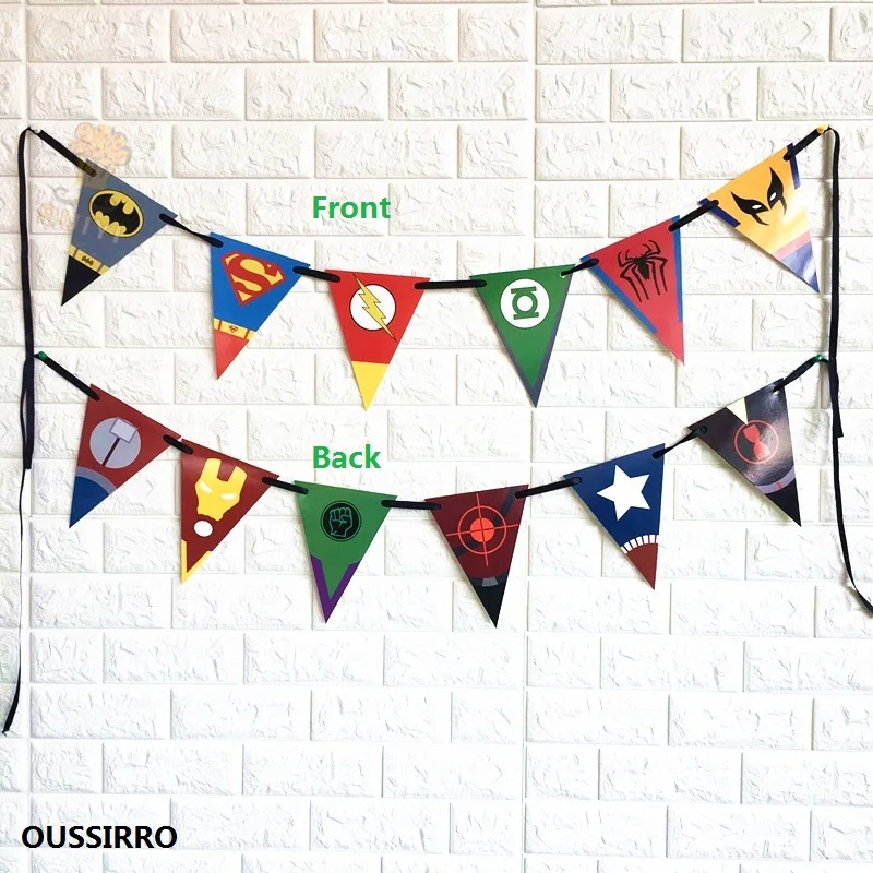 

OUSSIRRO Children Birthday Party Cartoon Theme Super Hero Avengers Batman Decorated Flag Paper Party Tool