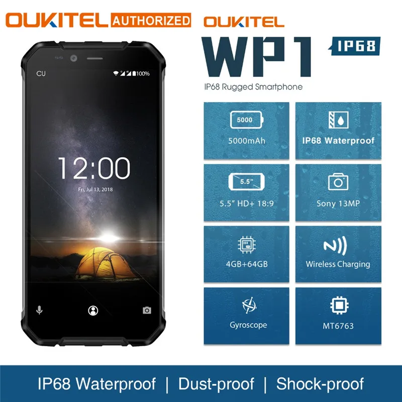 OUKITEL WP1 IP68 Водонепроницаемый Octa Core Android 8,1 4 ГБ 64 ГБ мобильный телефон 5000 мАч 5,5 "5000 мАч Беспроводной зарядки смартфона