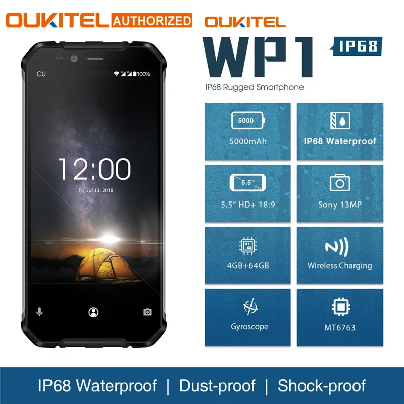 

OUKITEL WP1 IP68 Waterproof Octa Core Android 8.1 4GB 64GB Mobile Phone 5000mAh 5.5"5000mAh Wireless Charging Smartphone