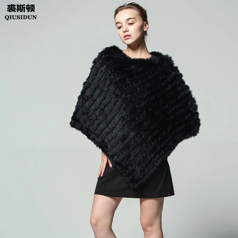 

QIUSIDUN Rabbit Fur Cape Female Fur Shawl Fur Shawls 2017 New Fashion Brands Rabbit fur knitted Shawl wrapped Black shawl