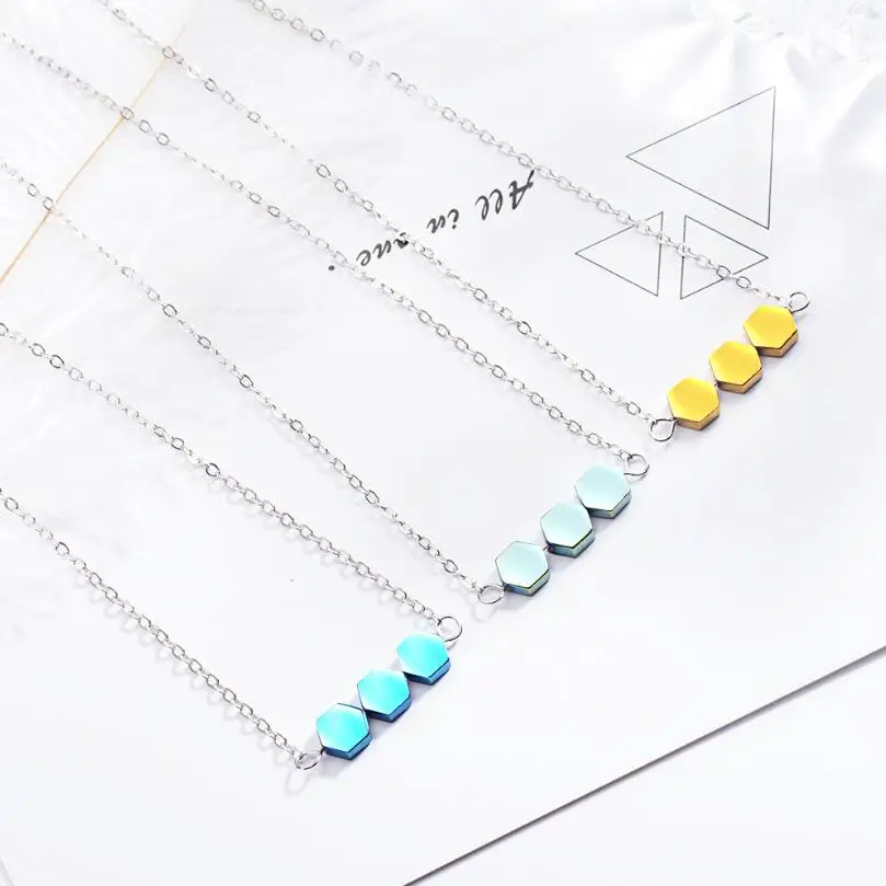 

New Hexagon Imitation Stone Pendant Necklaces For Women Short Clavicle Chain Choker 925 Sterling Silver Jewelry SAN49