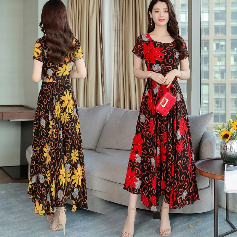 

2019 Spring And Summer New Slim Floral Print A-line Dress High Waist Short-sleeved Dress Beauty Temperamental Lady Dress