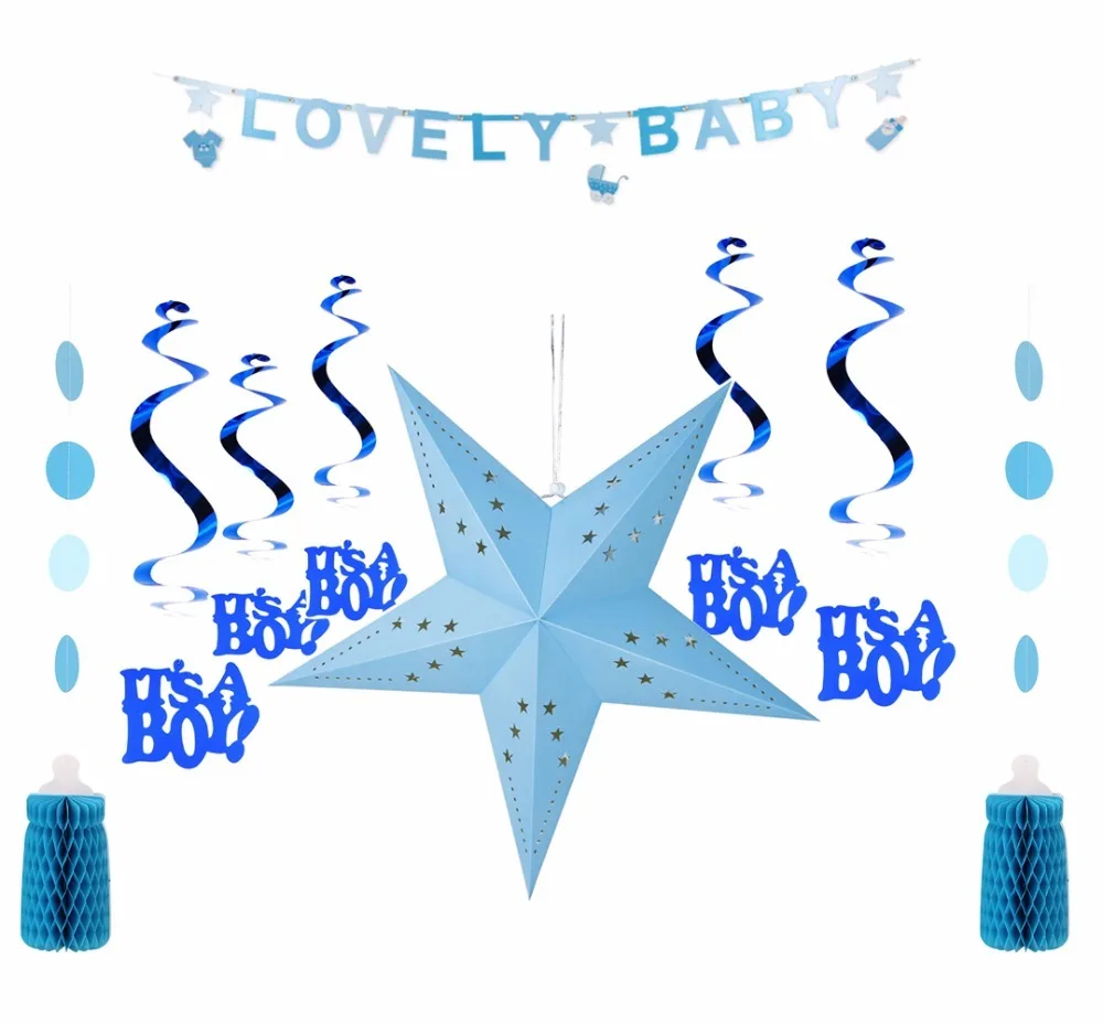 

Blue Theme Baby Boy Birthday Party Decoration Lovely Baby Letter Banner, Honeycomb Spiral Boy Birthday party decorations kids