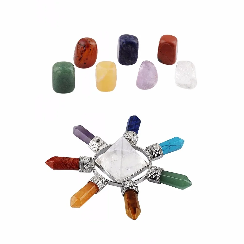 SUNYIK 7 Chakra Stones Pyramid Point Energy Generator Healing Crystal Set for Reiki Meditation Jewelry Packaging