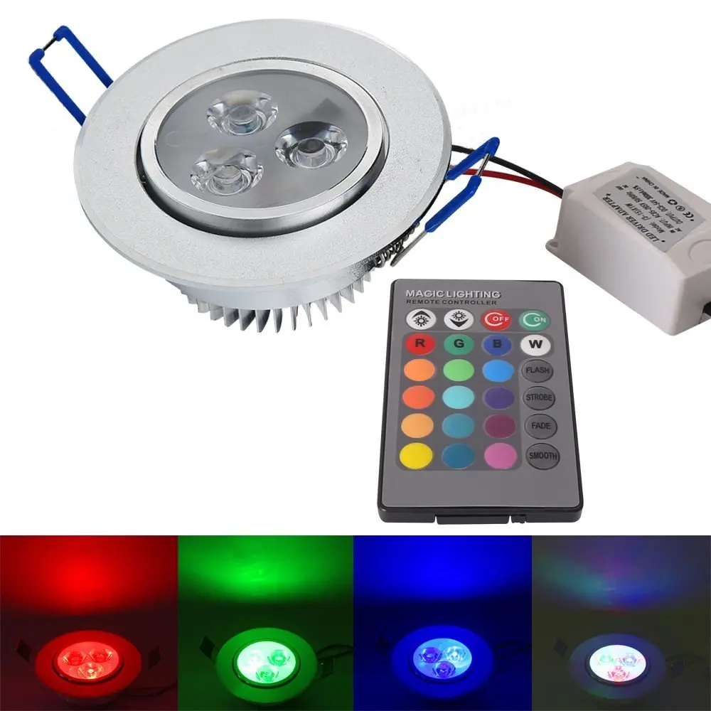 

Dimmable Recessed Ceiling Downlight, 3W RGB Colorful LED Ceiling Downlight Recessed Cabinet Spot Light Bulb IR Remote Controlle