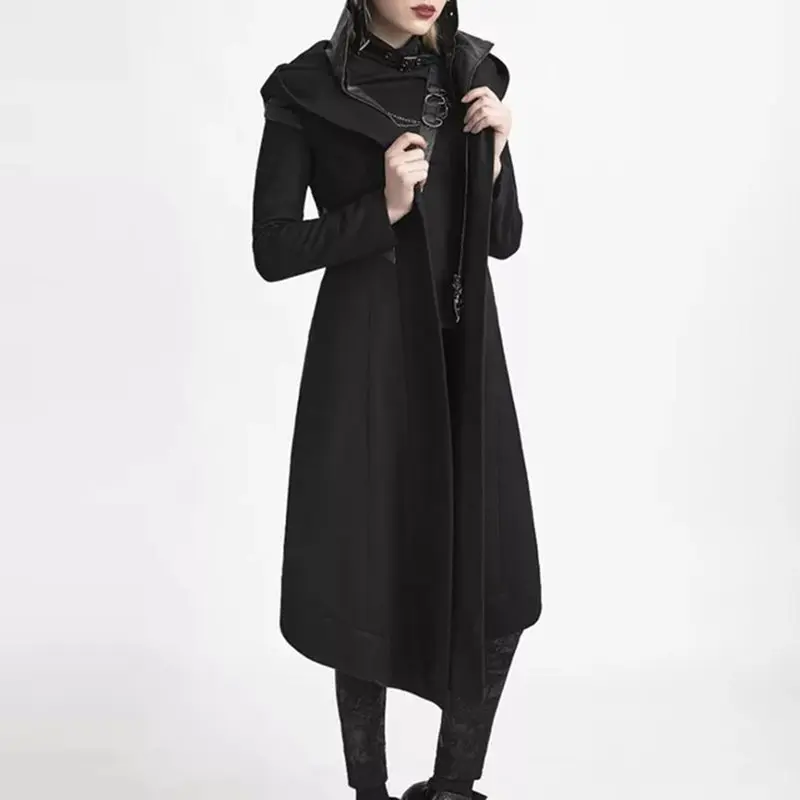 Casual Black Long Coats Women Gothic Cool Plus Size 5XL Slim Hooded Zipper Vintage Winter Female Punk Overcoats Retro Outwear