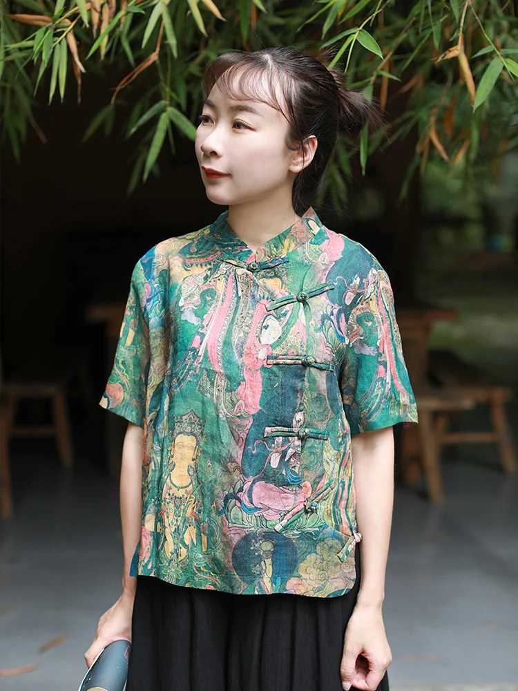 LZJN Summer Blouses Women 2019 Short Sleeve Chinese Style Women Shirts Short Buddha Printed Cheongsam Zen Tops (19)
