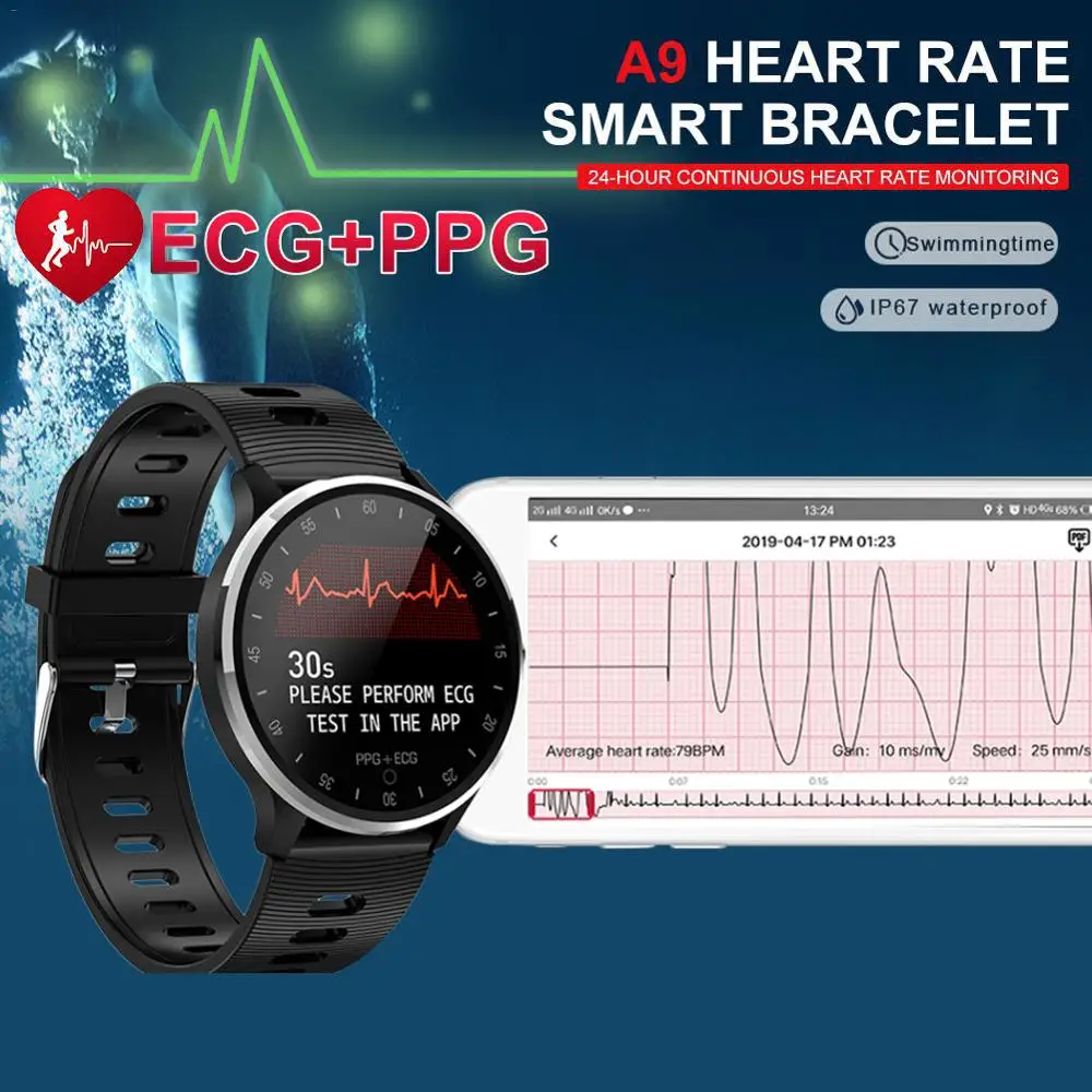 

ECG+PPG A9 Smart Watch HRV Report Heart Rate Blood Pressure Test Waterproof IP67 Sports Watch PK Zeblaze VIBE 3 EKG