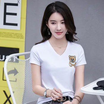 

New Summer Women High Street Fashion Sexy V Neck Rhinestone Animal Bear Simple T Shirt Tops Female Large Size Cotton Shirts Tees